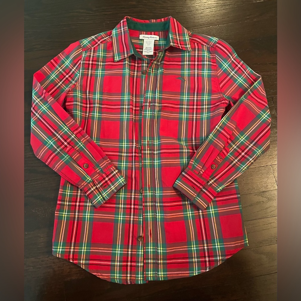 Tommy Bahama Red Plaid Poplin Shirt. Boys Size L 10/12